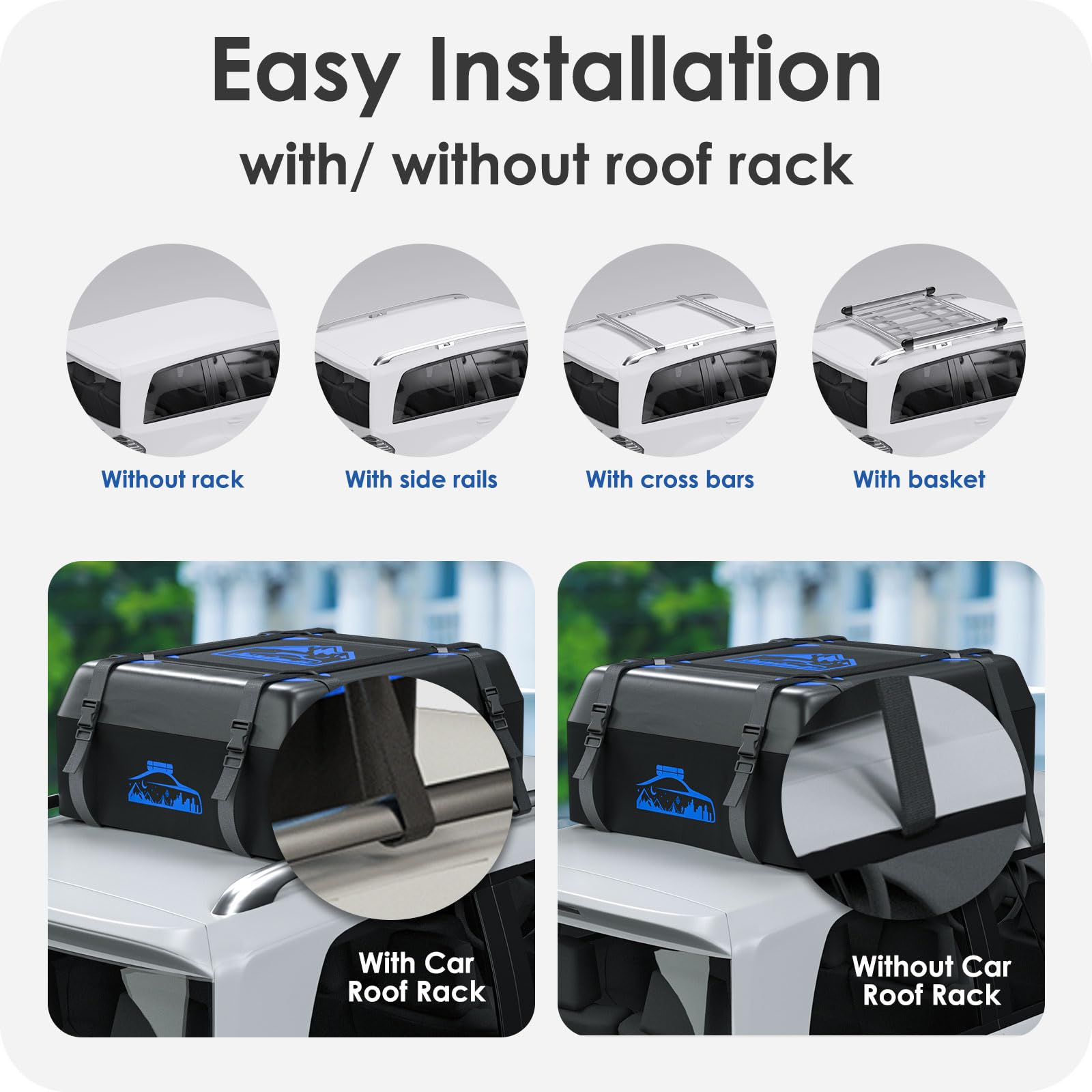 BOYUJK Car Roof Bag - 20 Cubic/566L, Waterproof, No Rack Needed, Anti-Slip Mat & 6 Heavy-Duty Straps, Folding Soft Roof Box (Blue, 566L)