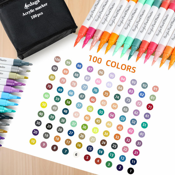 100 Colours Numbered Acrylic Paint Pens with Free App, Dual Tip Acrylic Paint Markers with Brush Tip and Fine Tip for Adults, Kids, Eggs, Wood, Rock,
