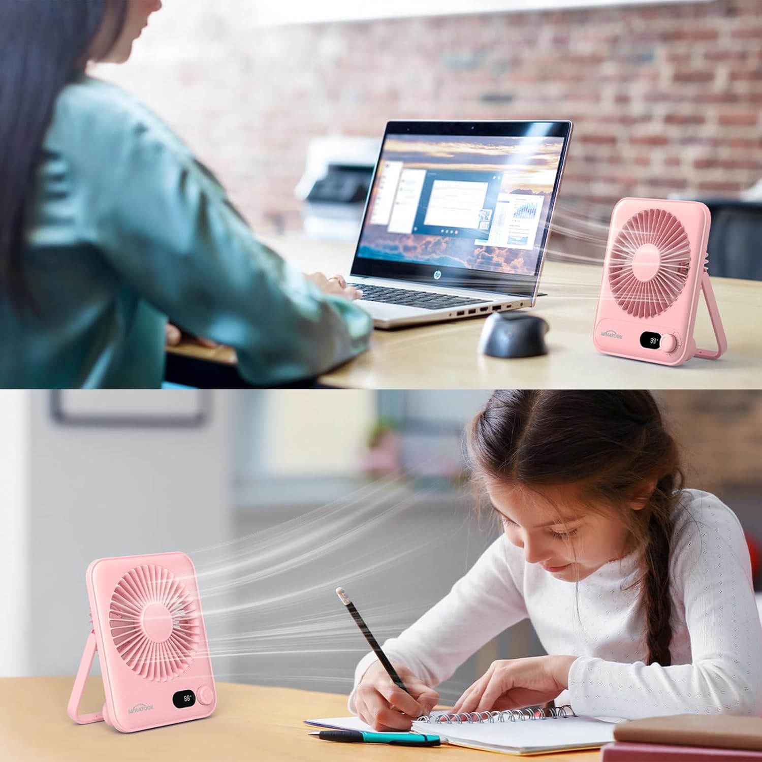 WHATOOK Mini Desk Fan USB: 2000mAh Rechargeable Ultra Quiet 1-100 Speeds Desktop Fans with LED Display, 3-10H Runtime, Child-Safe Grille Cooling Small Portable Table-Fan for Home, Office & Travel
