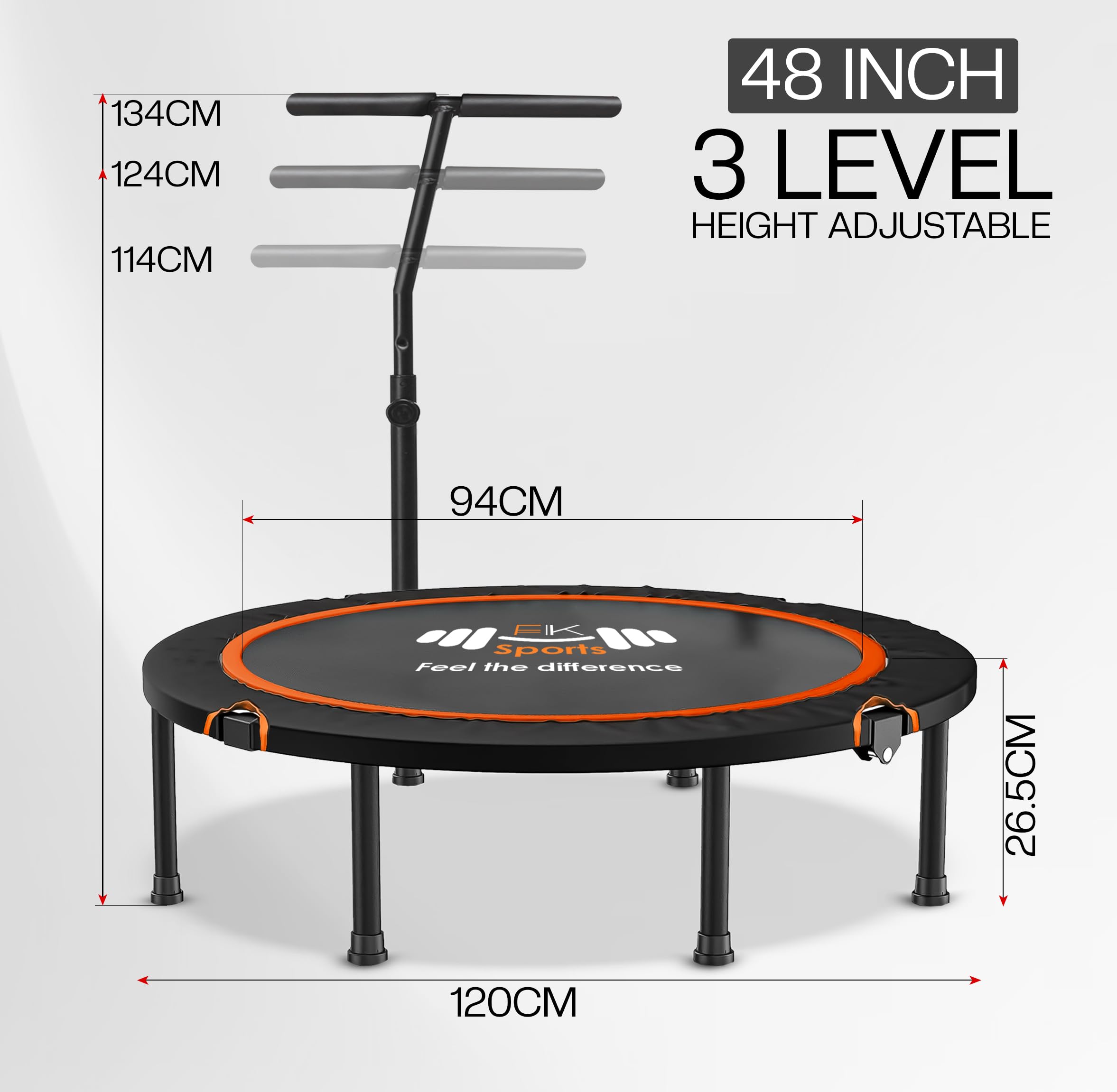 FK Sports Foldable Fitness Rebounder Trampolines, 48" Foldable Mini Trampoline with T Bar Handle, Round Mini Fitness Trampoline a indoor trampoline