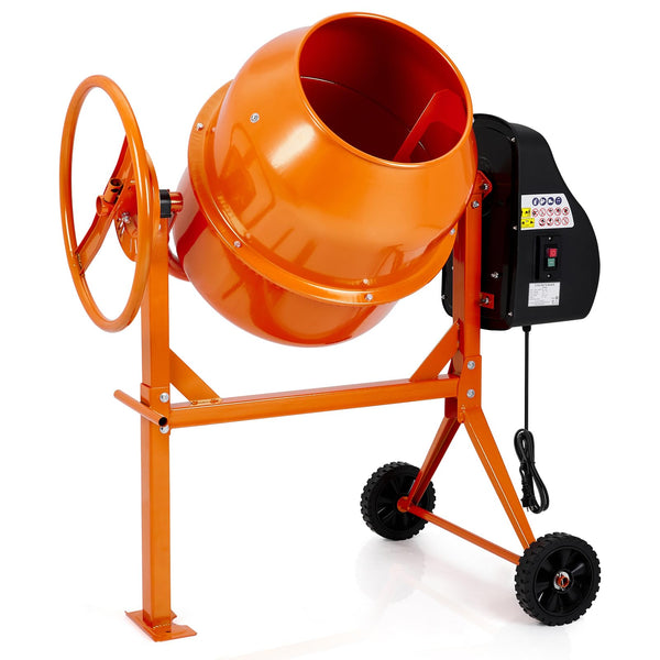 DKIEI 63L Electric Cement Mixer, 220W Concrete Mixer with Wheels and Stand, Portable Mud Mixer Machine for Cement, Stucco, Seeds and Fodder, 230V, 50Hz, 30RPM, Orange