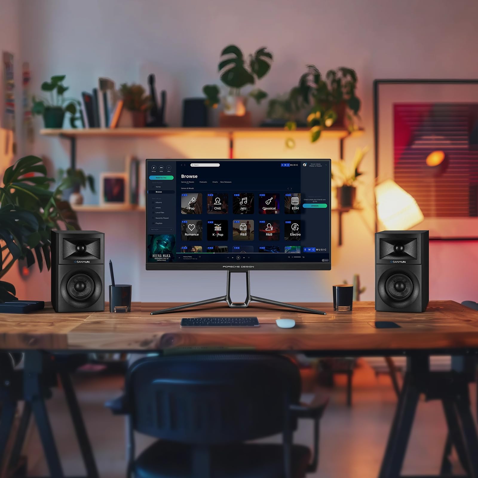 Sanyun SW203 4.0 Computer Speakers - 60W 4-Way DSP Control 3D Immersive Sound - 3" Carbon Fiber Woofer & 20mm Silk Dome Tweeter - 24bit DAC USB/Bluetooth 5.4/AUX - Studio-Grade Audio (Pair, Black)