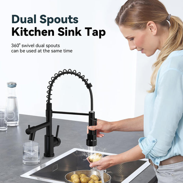 Warmiehomy 5 Modes Kitchen Taps Mixer with Pull Out Spray,High Arc 360° Swivel Dual Spout Pull Down Stainless Steel Kitchen Sink Taps,Brushed Nickel