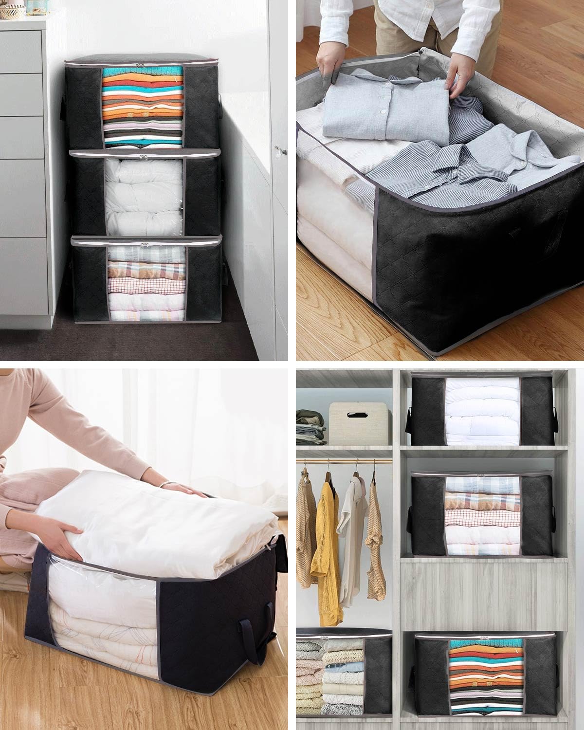 KALAHOL 90L Large Capacity Clothes Storage Bags with Zips, Storage Boxes with Lids, Reinforced Handle, Foldable, Thick Fabric, for Comforters, Clothes, Blankets, Bedding, 4 Pack, Dark Grey