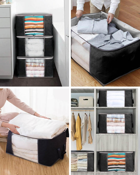 KALAHOL 90L Large Capacity Clothes Storage Bags with Zips, Storage Boxes with Lids, Reinforced Handle, Foldable, Thick Fabric, for Comforters, Clothes, Blankets, Bedding, 4 Pack, Dark Grey