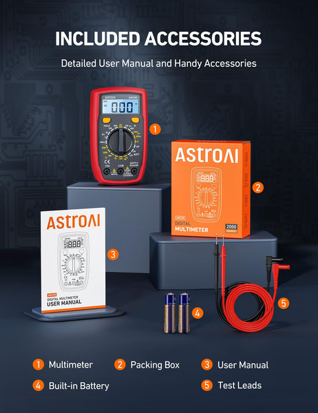 AstroAI Digital Multimeter Voltmeter Ohmmeter Ammeter Multi Tester Meter with Backlit LCD Electronic Test Meter