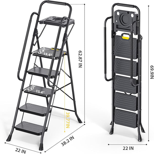 KINGRACK Folding 3-Step Ladder with Non-Slip Pedals, Sturdy Steel, Lightweight & Portable, Red