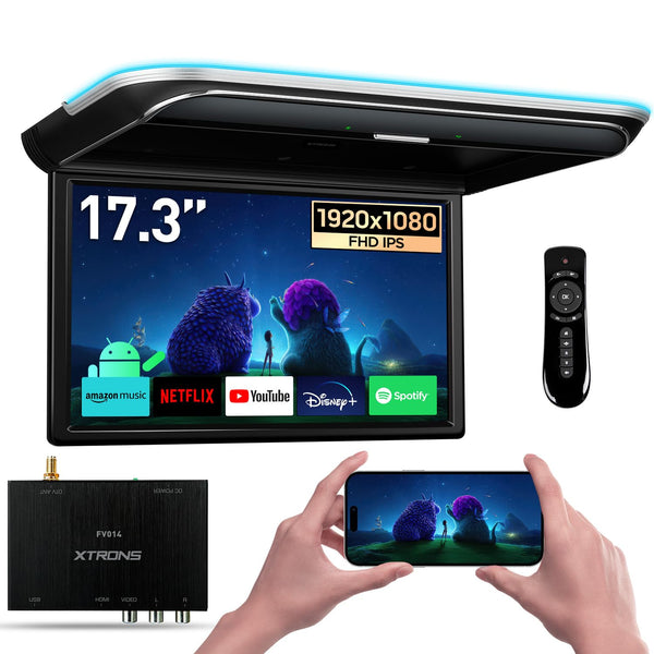 XTRONS 17.3-inch FHD Android 9.0 Car Overhead Flip Down Mount Monitor 8K 1080P IPS Screen Octa-core Car Roof Multimedia Player Car Video With Superior Sound and Screen Mirroring Support HDMI/USB/AV/IR