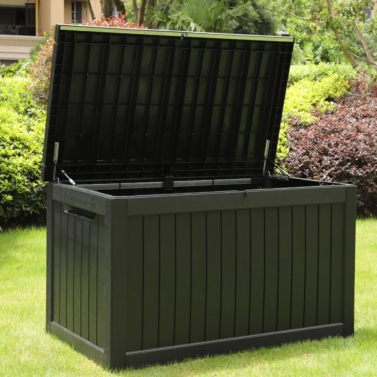 Olsen & Smith 680L Large Garden Storage Box - Weather Resistant Heavy Duty Garden Box with Padlock & Wood Effect - Huge Capacity Outdoor Storage Chest for Tools, Cushions, Toys & More (Anthracite)