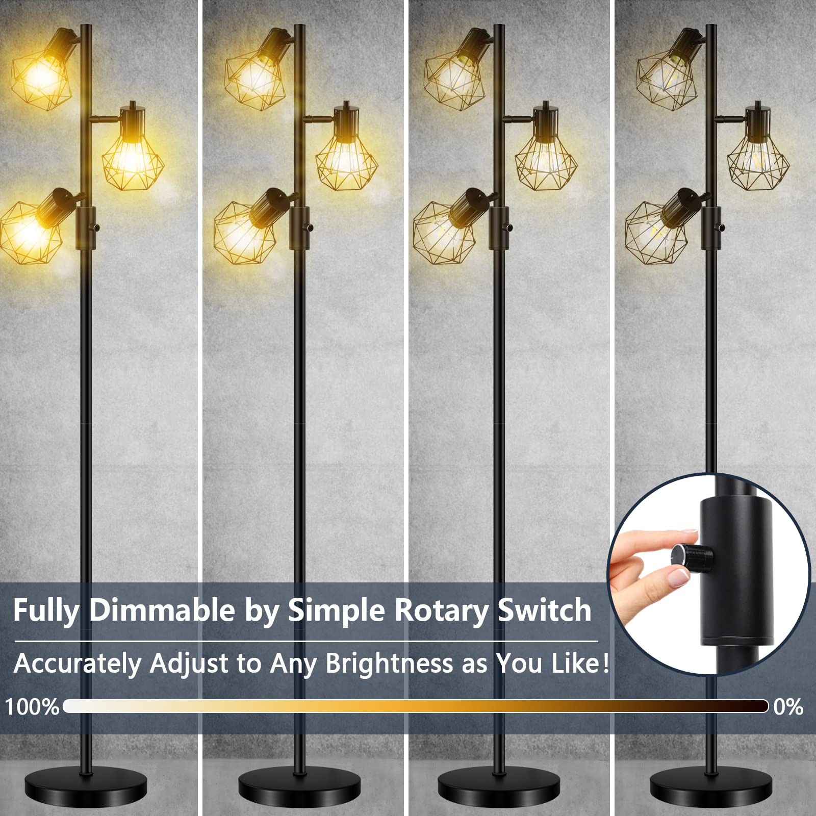 HiBay Stepless Dimmable Industrial LED Floor Lamp, 3-Light Adjustable Farmhouse Floor Lamps with 3 x 8W 800LM Bulbs, Rustic Standing Tree Light Room