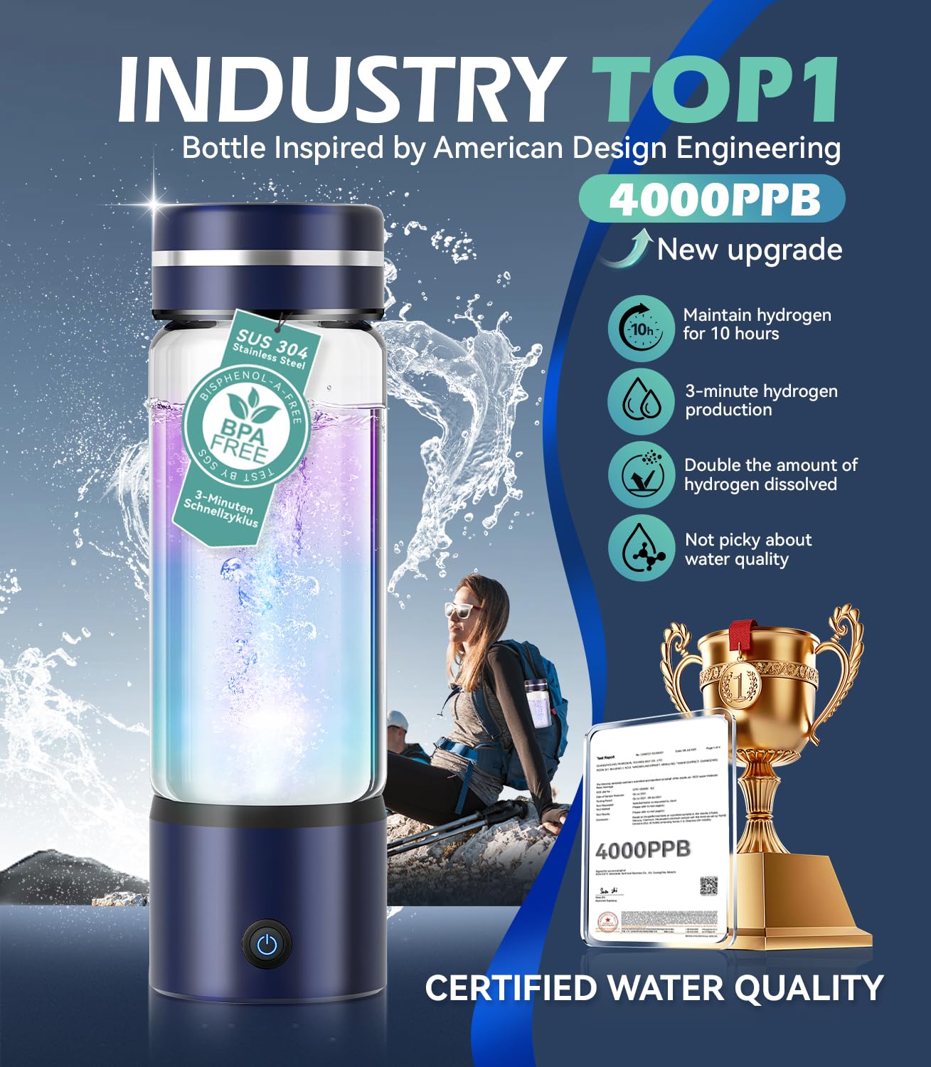 Upgrade 3-in-1 Hydrogen Water Bottle Generator - Industry TOP - 24-Hour Hydrogen Lock | 0 Chlorine & 0 Ozone | 100% Leak-Proof Seal, Hydrogen Water Bottle Generator