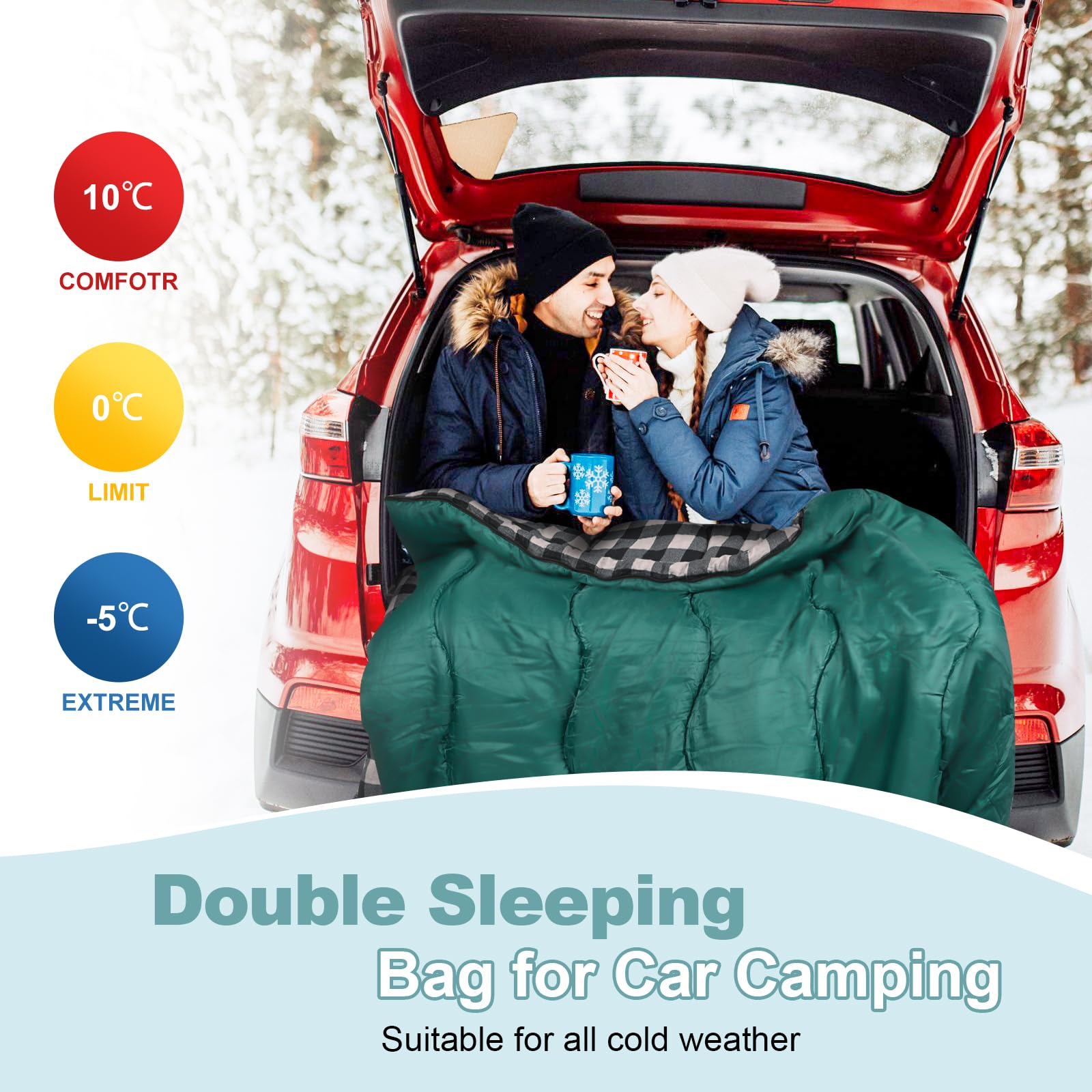 FORINBUY Winter Cotton Flannel Double Sleeping Bag for Adults - 0 degree Queen Size 2 Person Sleeping Bag, Waterproof & Warm for Cold Weather, Ideal for Couples, Family Camping & RV Travel