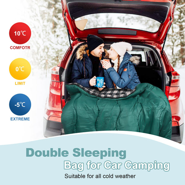 FORINBUY Winter Cotton Flannel Double Sleeping Bag for Adults - 0 degree Queen Size 2 Person Sleeping Bag, Waterproof & Warm for Cold Weather, Ideal for Couples, Family Camping & RV Travel
