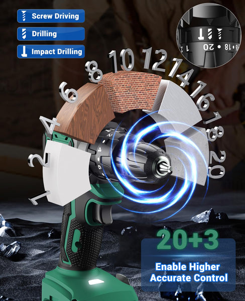 JYGMPRO Cordless Drill Driver 21V, Hammer Drill with 2 Batteries 2000mAh, 25+3 Torque, 42N.m Max Electric Drill, 30PCS Drill Bits, 2 Speed, LED Light for Home and Garden DIY Project