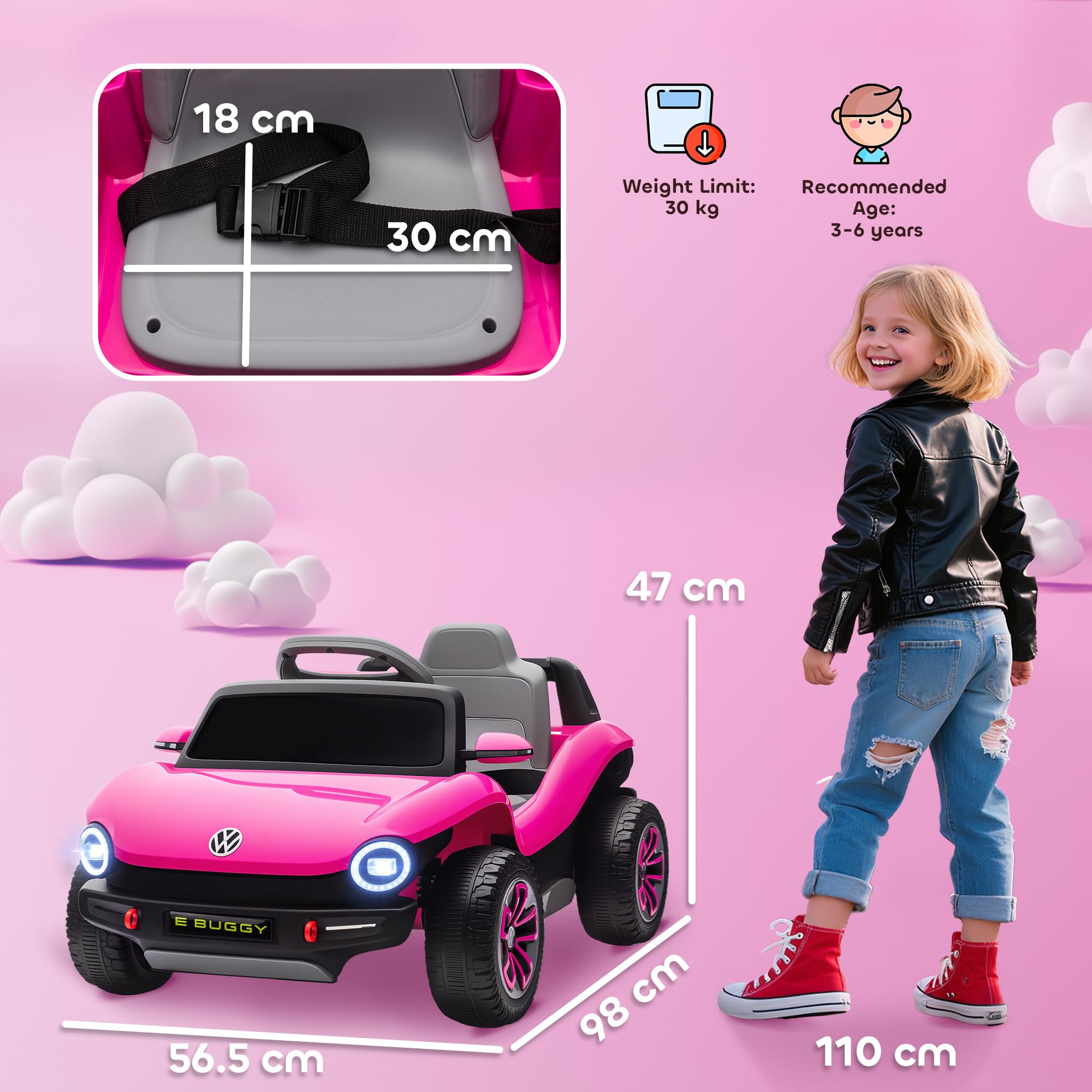 AIYAPLAY Volkswagen E-Buggy Licensed Electric Car for Kids, 12V Kids Electric Ride on with Remote Control, Suspension, Slow Start, LED Lights, USB, Music, Horn, for Ages 3-6 Years, Pink
