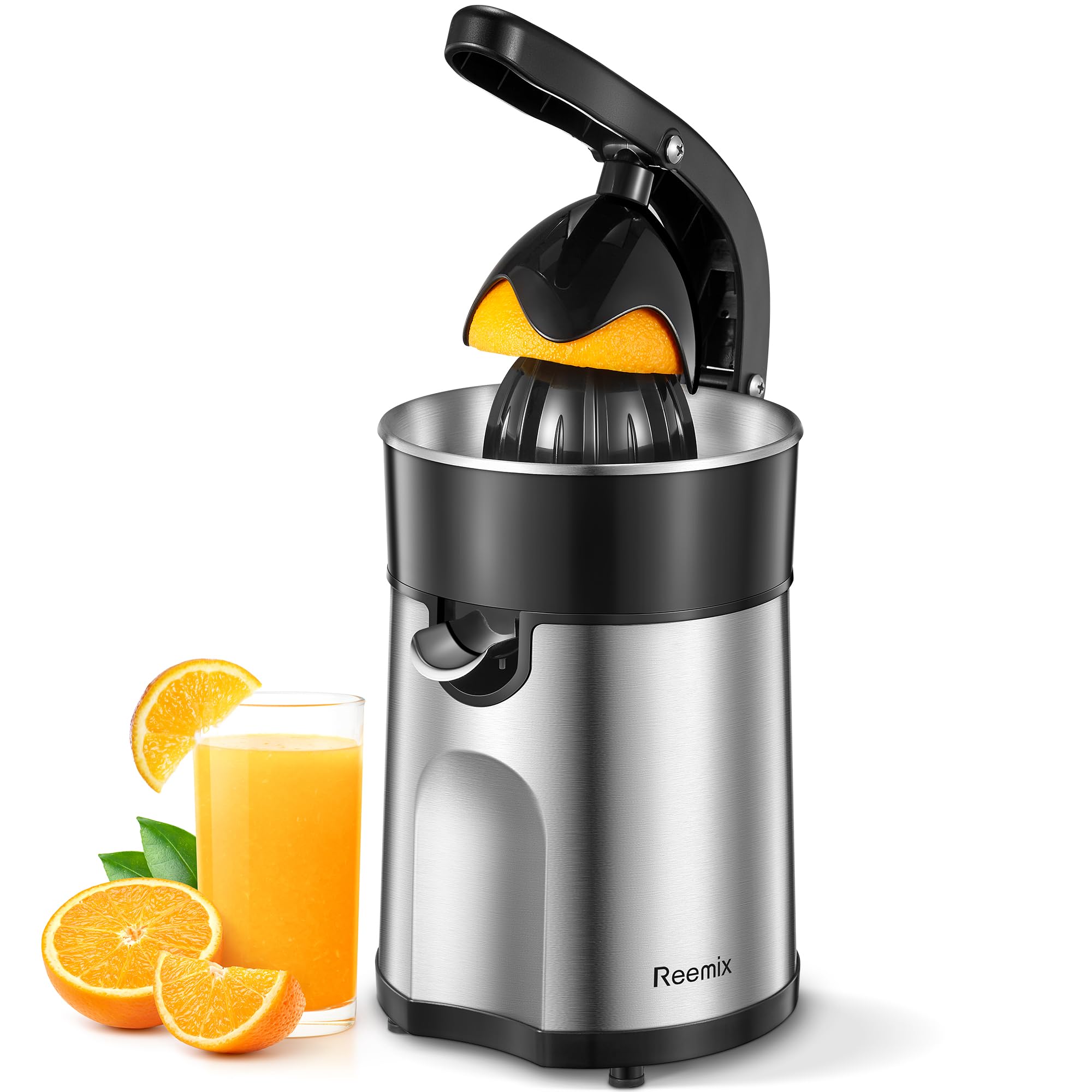 Electric Citrus Juicer, Easy Press Orange Juice Squeezer for Orange, Lemon, and Grapefruit, with Two Interchangeable Cones, Brushed Stainless Steel