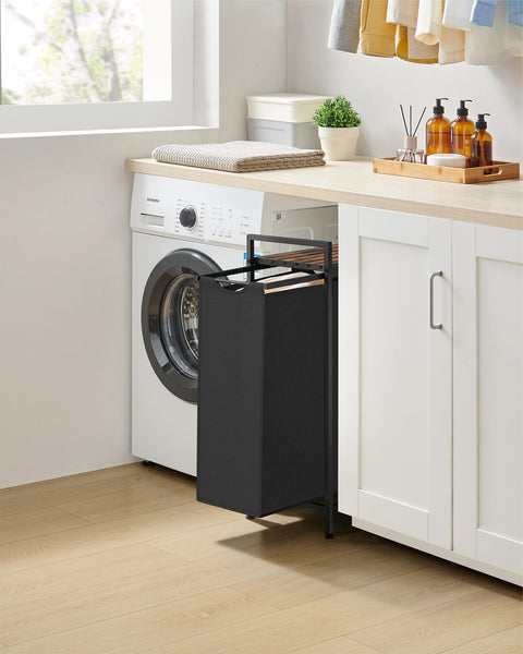 VASAGLE Laundry Basket, Laundry Hamper, Pull-Out and Removable Liner Bag, Shelf, Metal Frame, 65 L, 50 x 33 x 72 cm, Ink Black and Rustic Brown BLH101B01