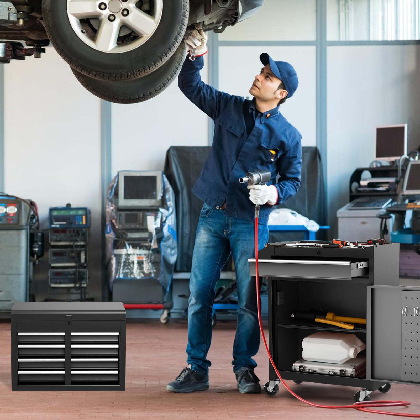 COSTWAY Large Rolling Tool Cabinet, 2-in-1 Detachable Metal Tool Chest with Drawers, Wheel, Handle, Hooks & Pegboard, Lockable Tool Box Trolley for Garage Workshop (with Middle Compartment, Black)