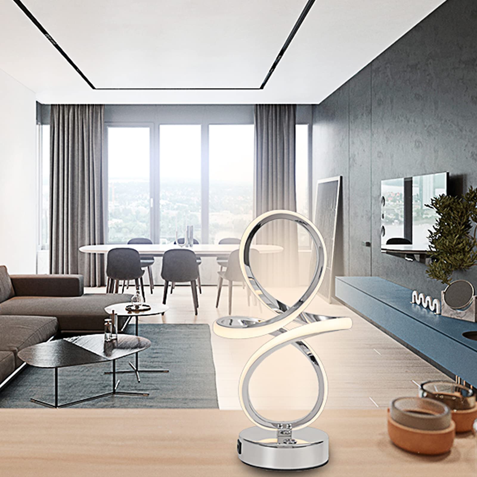 EIDISUNY LED Table Lamp Dimmable Touch Control Table Lamp Silver Curved LED USB Charge Bedside Lamp for Bedroom Office Living Room Creative Modern