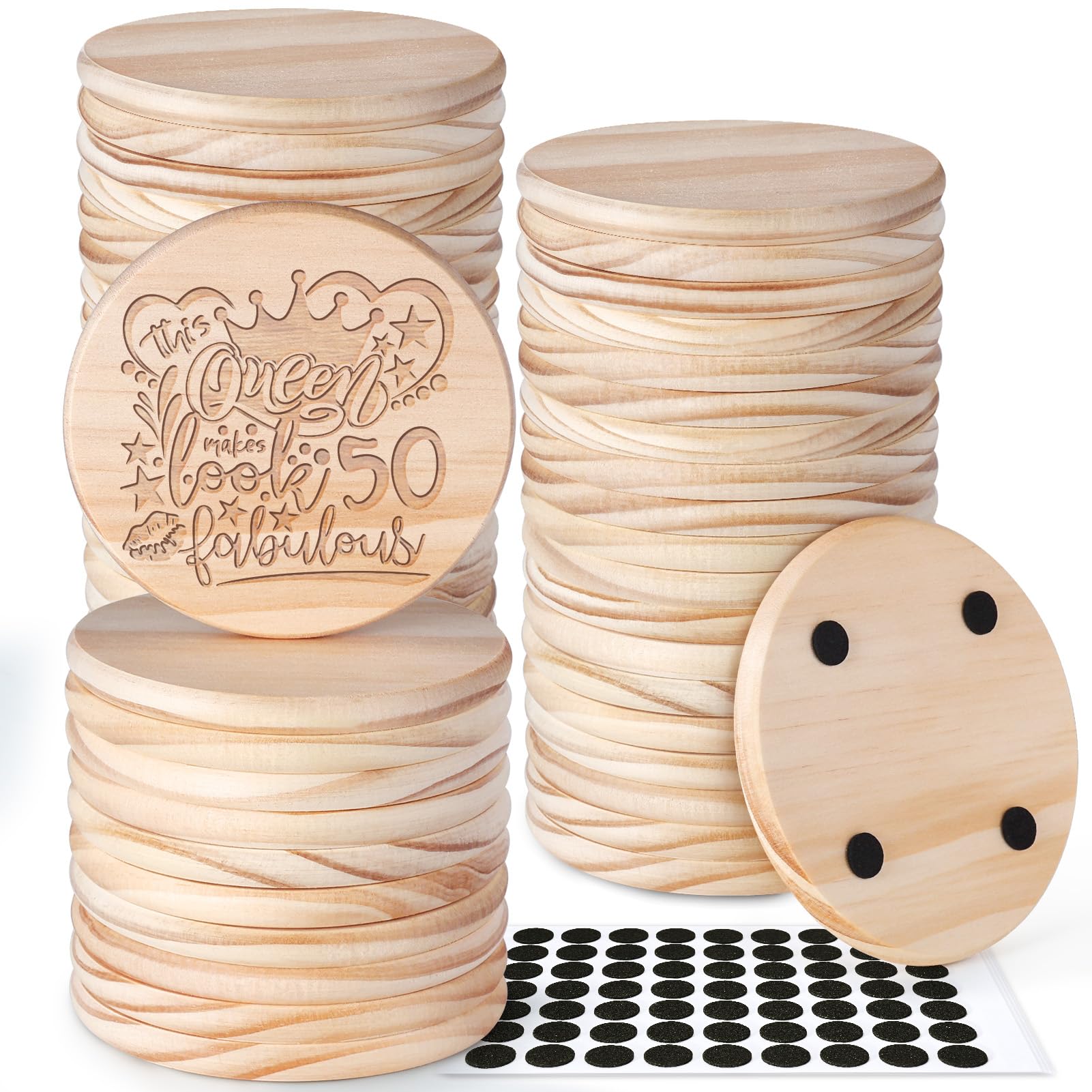 48 Pieces Unfinished Wood Coasters-Solid Wood Panel, GOH DODD 4 Inch Wooden Blanks with Foot Pads for Crafts Laser Engraving Wood Burning Staining