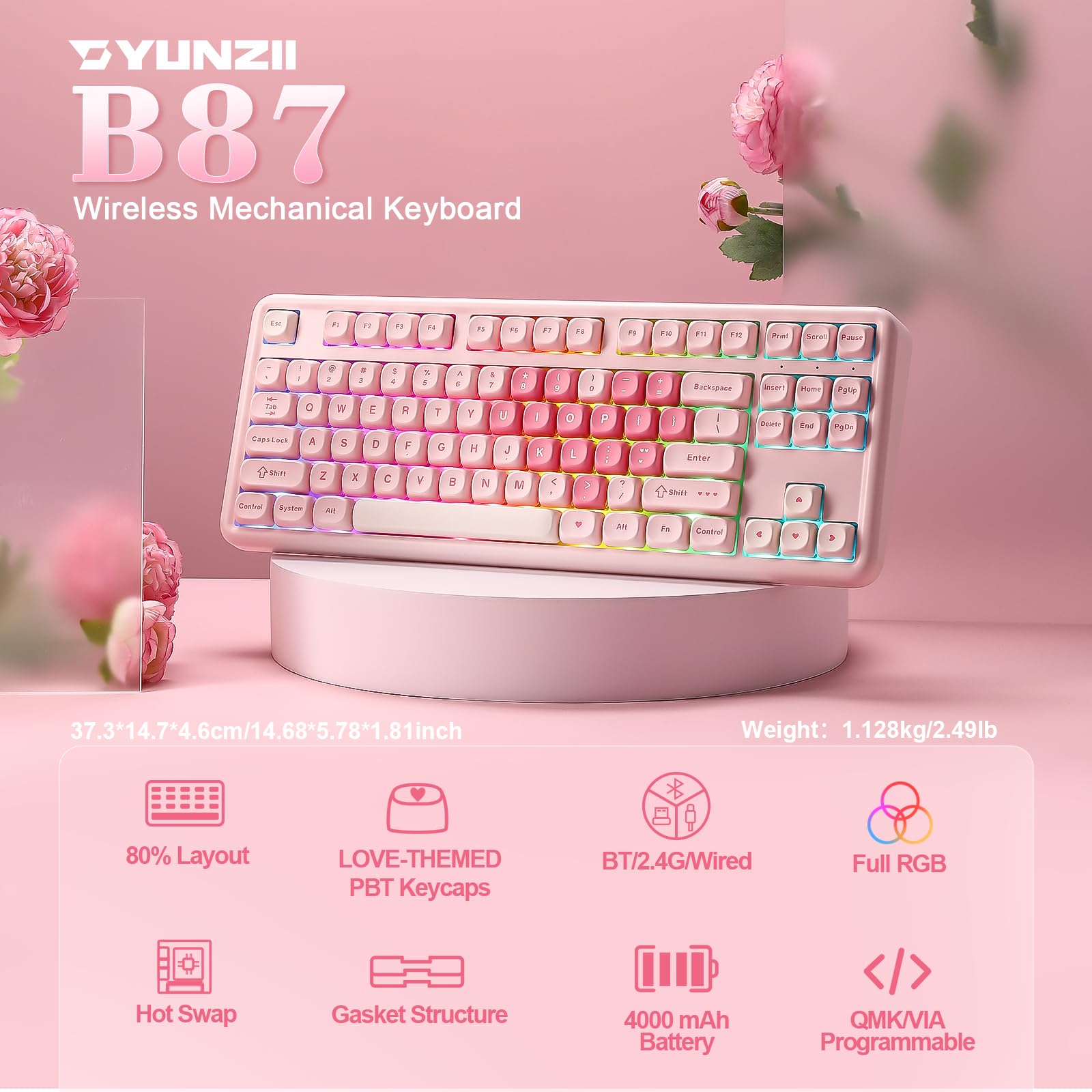 YUNZII B87 Wireless Mechanical Keyboard,QMK/VIA Software Custom Gaming,Gasket RGB Keyboard with Cute MOA Keycaps,Wrist Rest,BT5.0/2.4G/USB-C NKRO for Win/Mac (butter, milk v2 linear)