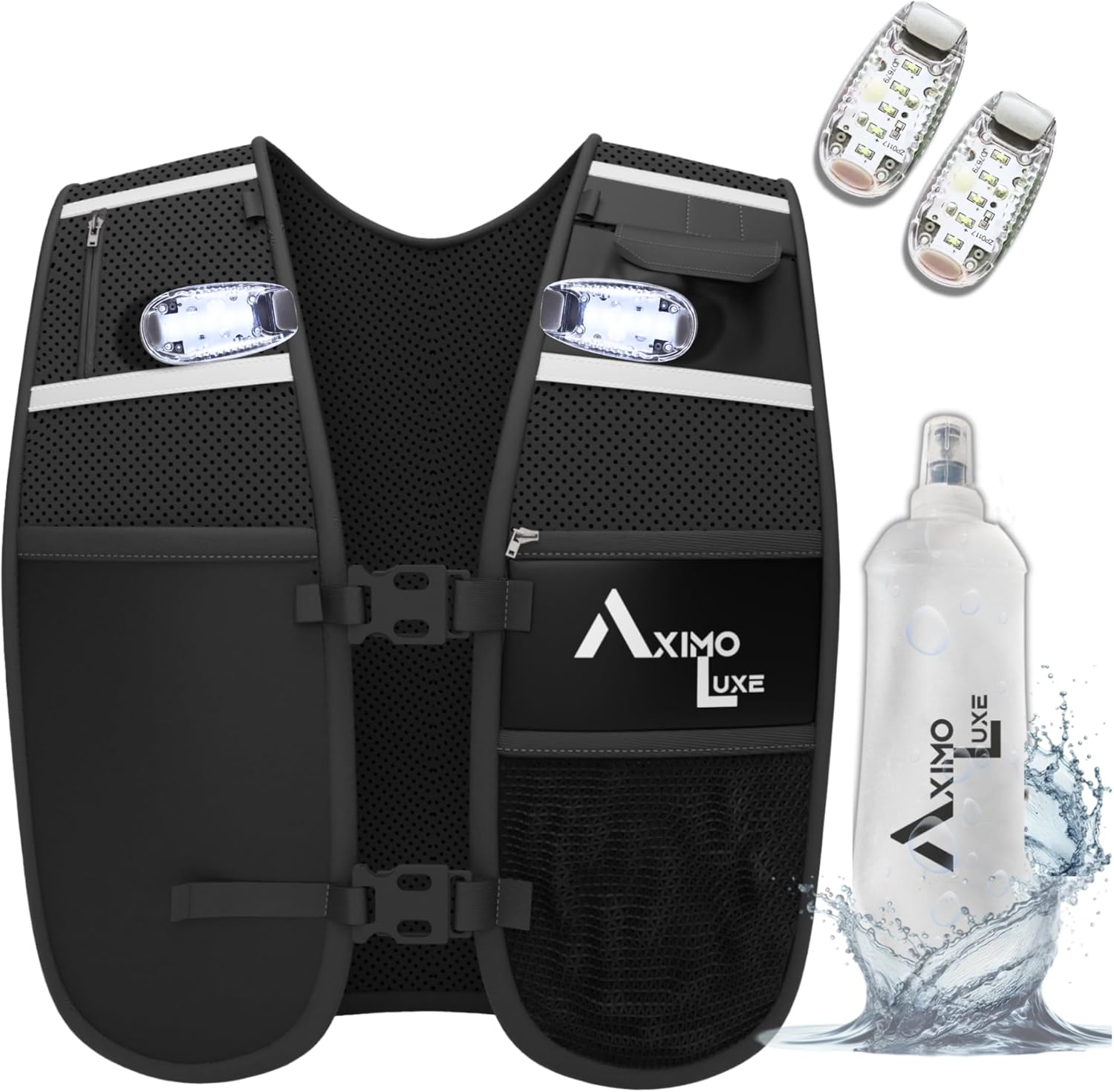 AxLuxe LED Running Vest Women & Men Now with 2 Saftey Lights,7 Pockets Running Vest with Water Bottle (500ml),Running Phone Holder Vest