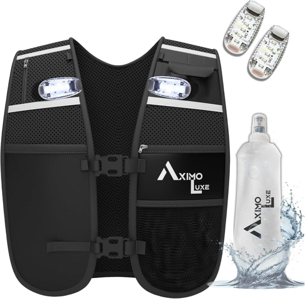AxLuxe LED Running Vest Women & Men Now with 2 Saftey Lights,7 Pockets Running Vest with Water Bottle (500ml),Running Phone Holder Vest