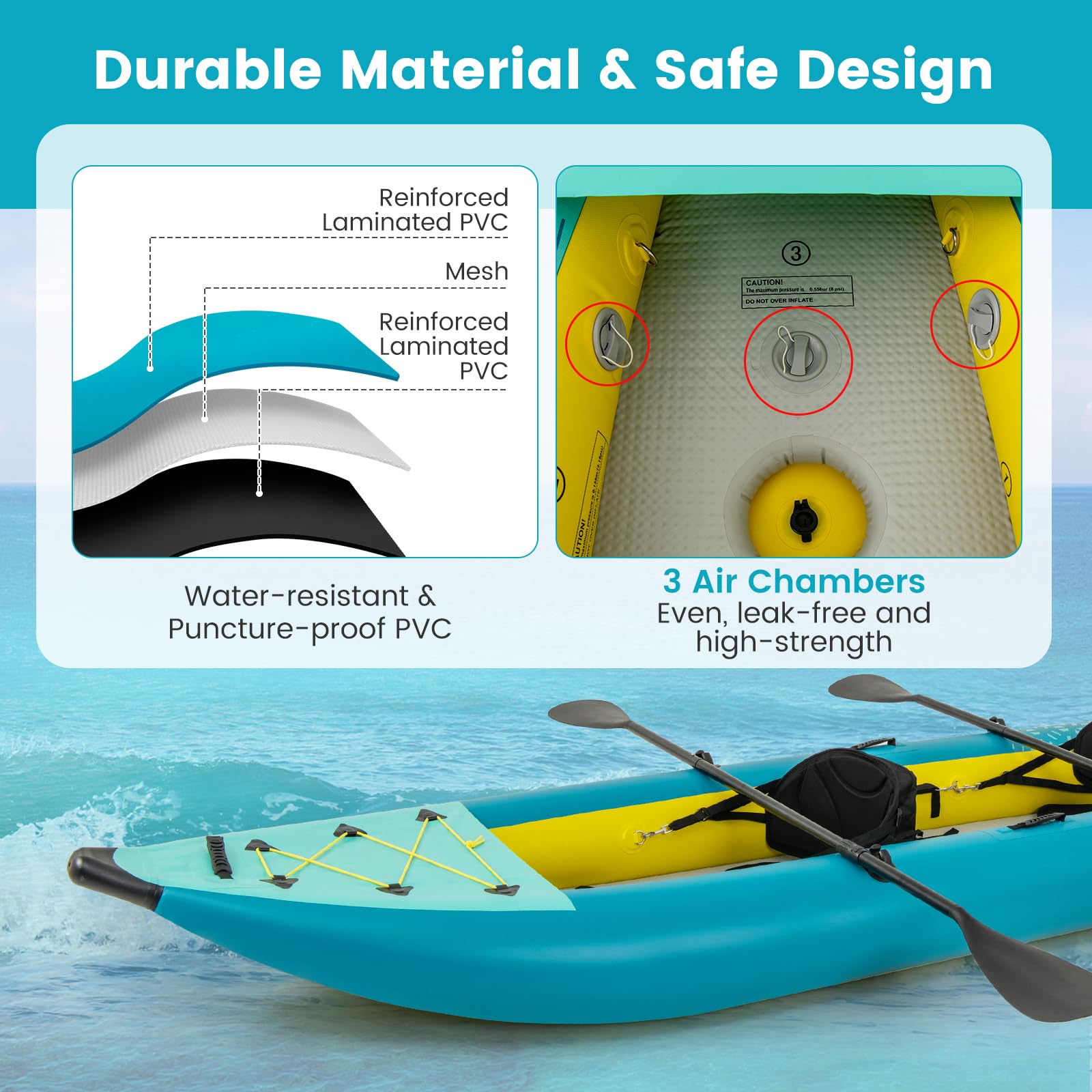 GYMAX Inflatable Kayak Set, 2-Person Inflatable Boat with Aluminum Oars, EVA Padded Seat, Fins, Hand Pump, Repair Kit and Carry Bag, Blow Up Canoe for Lakes, Rivers & Sea Shores