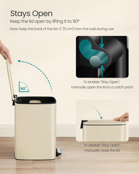 SONGMICS Kitchen Bin, 8-Gallon (30 L) Trash Bin, Steel Pedal Bin, with Inner Bucket, Soft Close and Stays Open, Metallic Silver LTB593E01