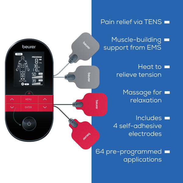 Beurer EM59 Digital TENS/EMS Device with Heat, 4-in-1 stimulation device for pain therapy, muscle stimulation, massage and heat therapy, 4 electrodes, 70 programmes, 50 intensity levels