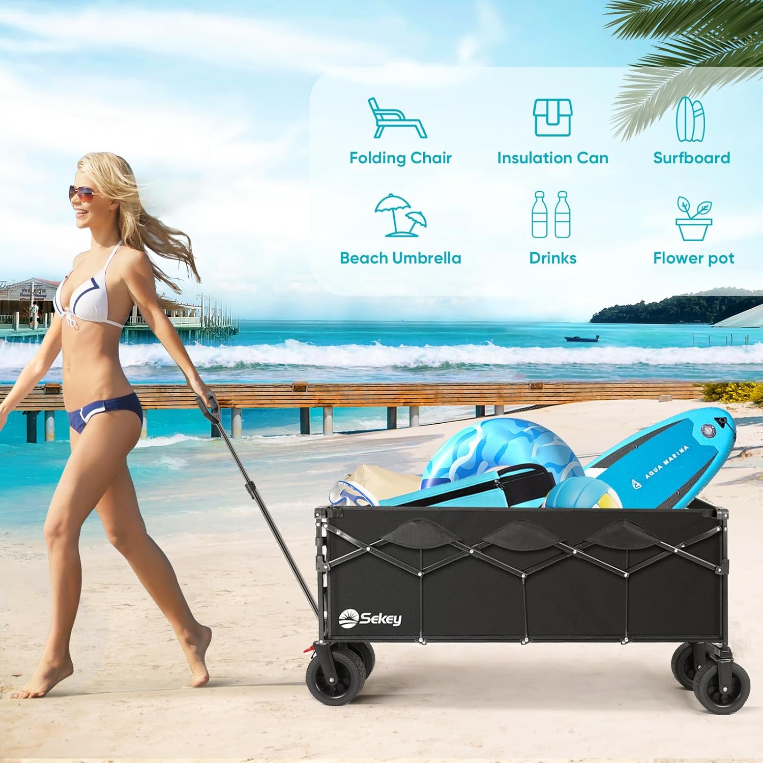 Sekey 400L Folding Beach Trolley, 440lbs Weight Capacity Heavy Duty Collapsible Festival Wagon Cart with Big All-Terrain Wide Wheels & Drink Holders, Foldable Outdoor Wagon for Garden Camping, Black
