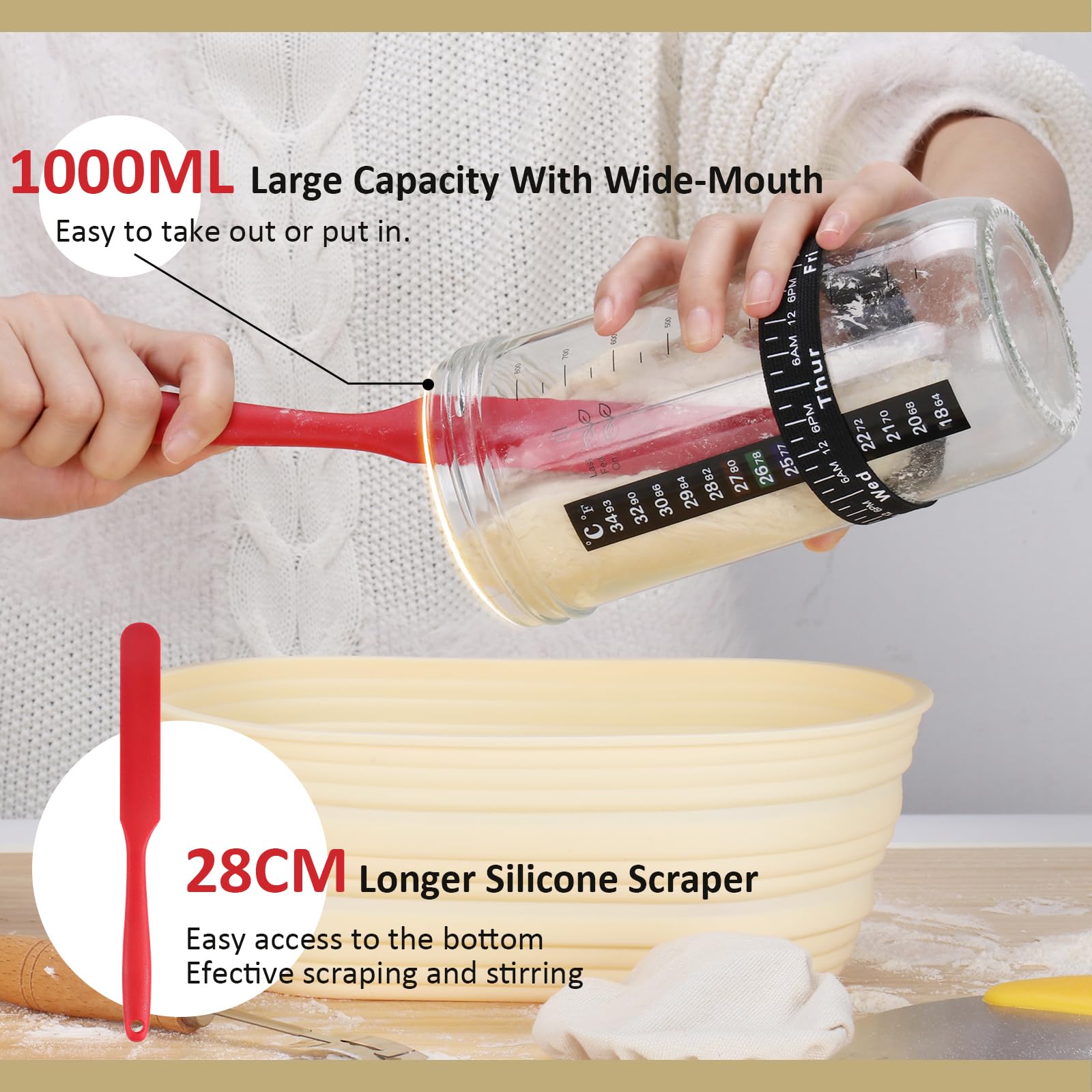 Sourdough Starter Kit for Beginner, 1000ml Sourdough Starter Jar, 2 Bread Proofing Baskets, Thermometer, Feeding Time Tracker, Metal Scraper, Easy to