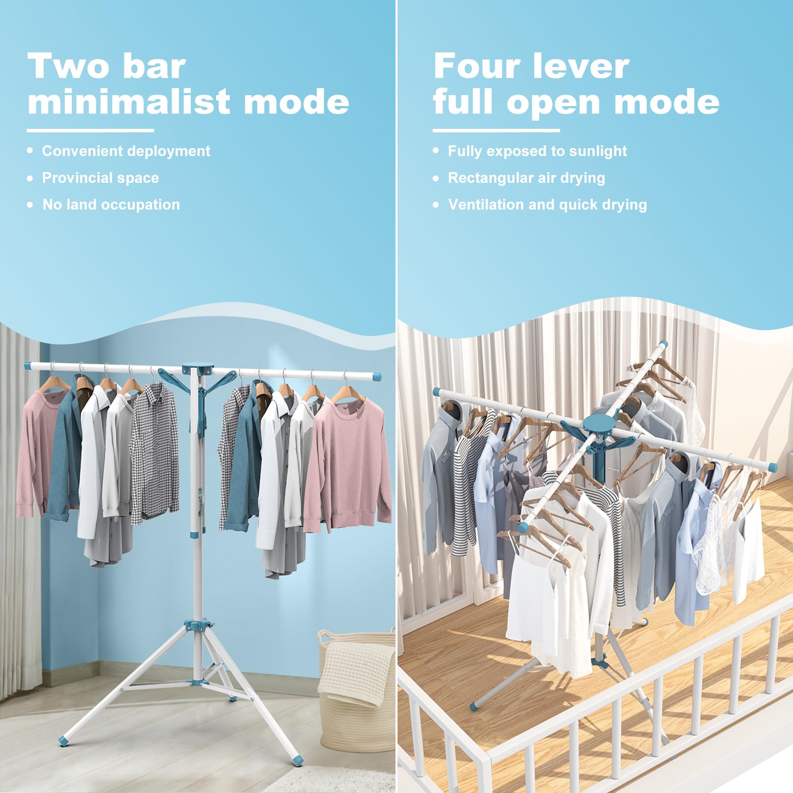 AISIR Clothes Airer Clothes Drying Rack Indoor Outdoor, Clothes Horse Laundry Racks Foldable with 4 Arms for Hangers, Adjustable Height 110-180cm.