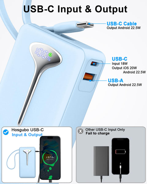 Power Bank Fast Charging, 22.5W Portable Charger 10000mAh, Small Battery Pack USB-C In & Out, Lightweight Powerbank with Built in Cable for iPhone 16/15/14/13/12, Samsung Galaxy, Xiaomi, Android etc