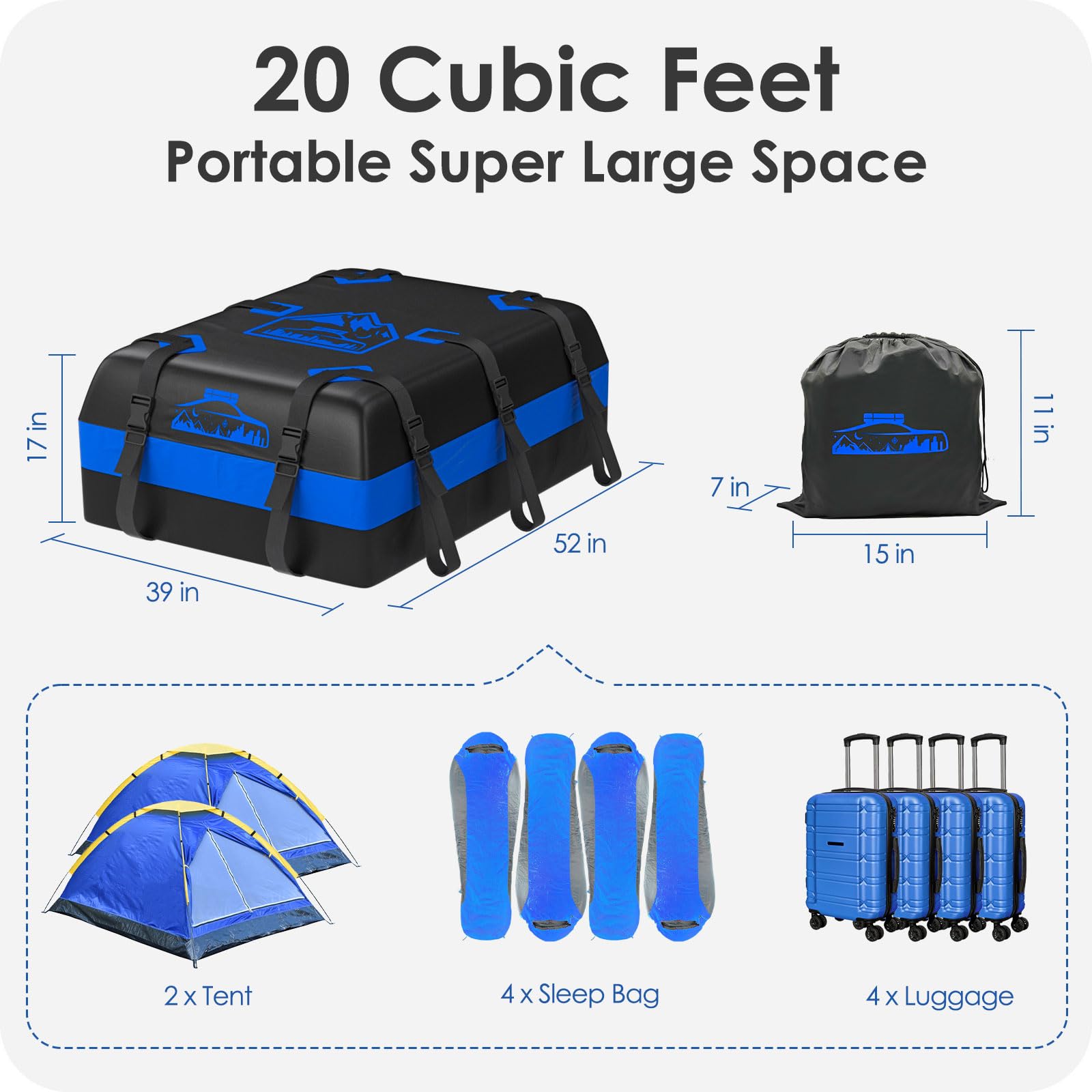 BOYUJK Car Roof Bag - 20 Cubic/566L, Waterproof, No Rack Needed, Anti-Slip Mat & 6 Heavy-Duty Straps, Folding Soft Roof Box (Blue, 566L)