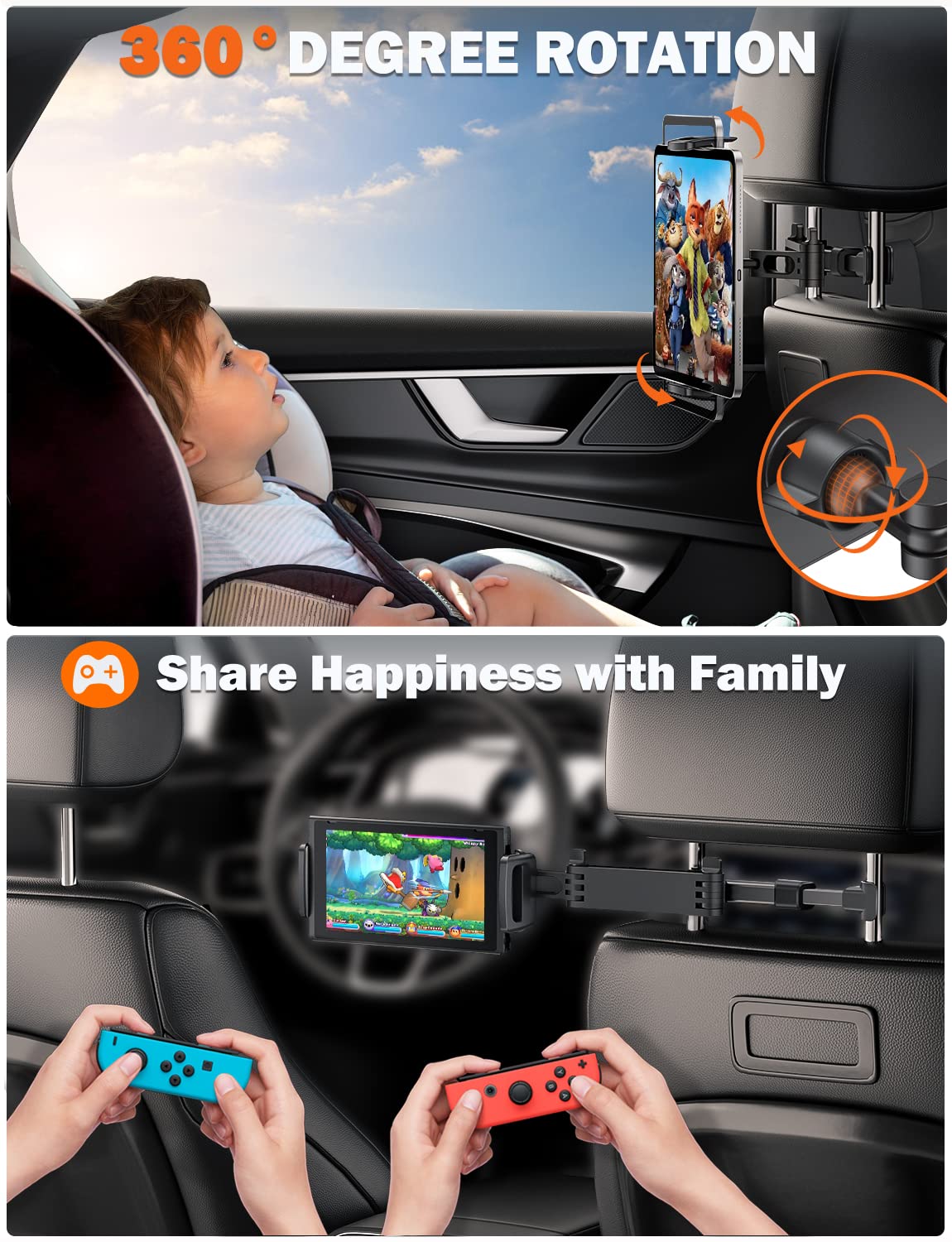 TRYONE Car Headrest Tablet Holder Mount Stretchable Backseat Tablets Stand for Kids, Car Seat Mounts Compatible with iPad Pro 12.9 Air Mini, iPhone, Galaxy Tab, Switch, All 4.7-12.9" Screen Devices