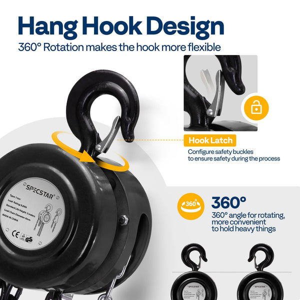 SPECSTAR Hand Chain Hoist 1250kg Capacity 3m with 2 Heavy Duty Hooks Manual Chain Fall for Warehouse Building Automotive Machinery
