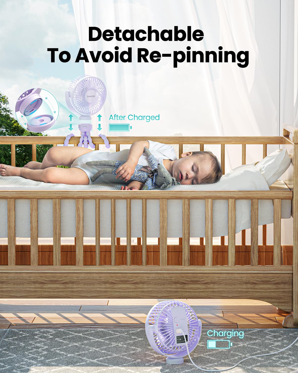 Gaiatop Mini Portable Pram Fan, Rechargeable Small Clip on Fan for Stroller, Detachable 3 Speed 360 Degree Rotate Flexible Tripod Handheld Desk Cooling Car Seat Crib Treadmill Travel Black (SF40)