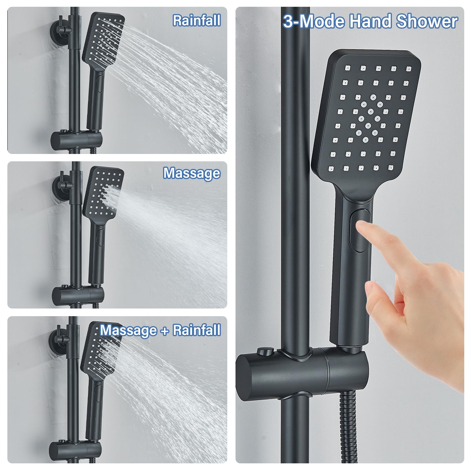 Rozin Shower Riser Rail Kit Adjustable Chrome 2 Functions Square Overhead 29 * 19cm and Hand Shower Stainless Steel Easy Install