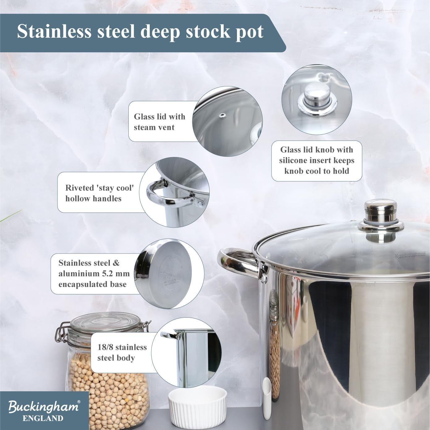 Buckingham Stainless Steel Stock Pot with lid Multipurpose Large Cooking Pot for Soups Stews (11 Litre)