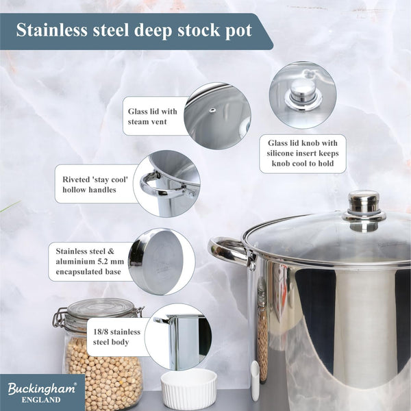 Buckingham Stainless Steel Stock Pot with lid Multipurpose Large Cooking Pot for Soups Stews (11 Litre)