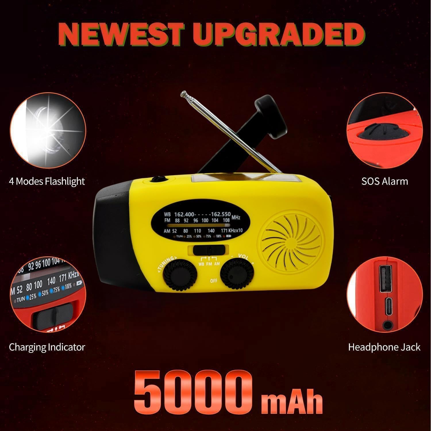 iRonsnow Solar Emergency Hand Crank Weather Radio, Portable Self Powered NOAA AM/FM Radios with SOS Alarm LED Flashlight 2000mAh Smart Phone USB Charger for Camping (Red)