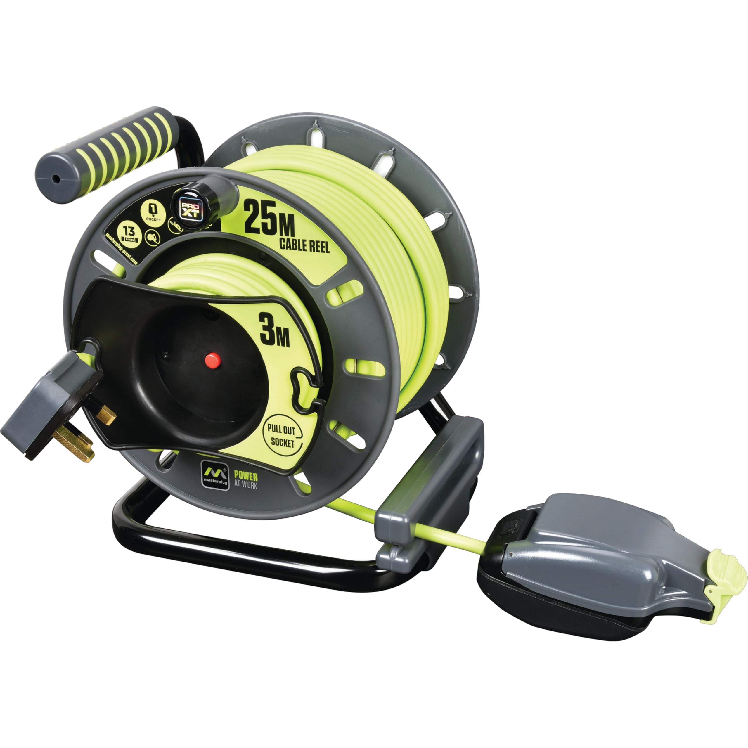 Masterplug Pro-XT Four Socket Open Cable Reel Extension Lead with Winding Handle, Thermal Cut Out and Power Switch, 25 Metres High Visibility Cable , Green