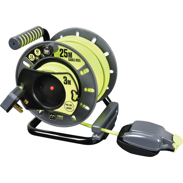 Masterplug Pro-XT Four Socket Open Cable Reel Extension Lead with Winding Handle, Thermal Cut Out and Power Switch, 25 Metres High Visibility Cable , Green