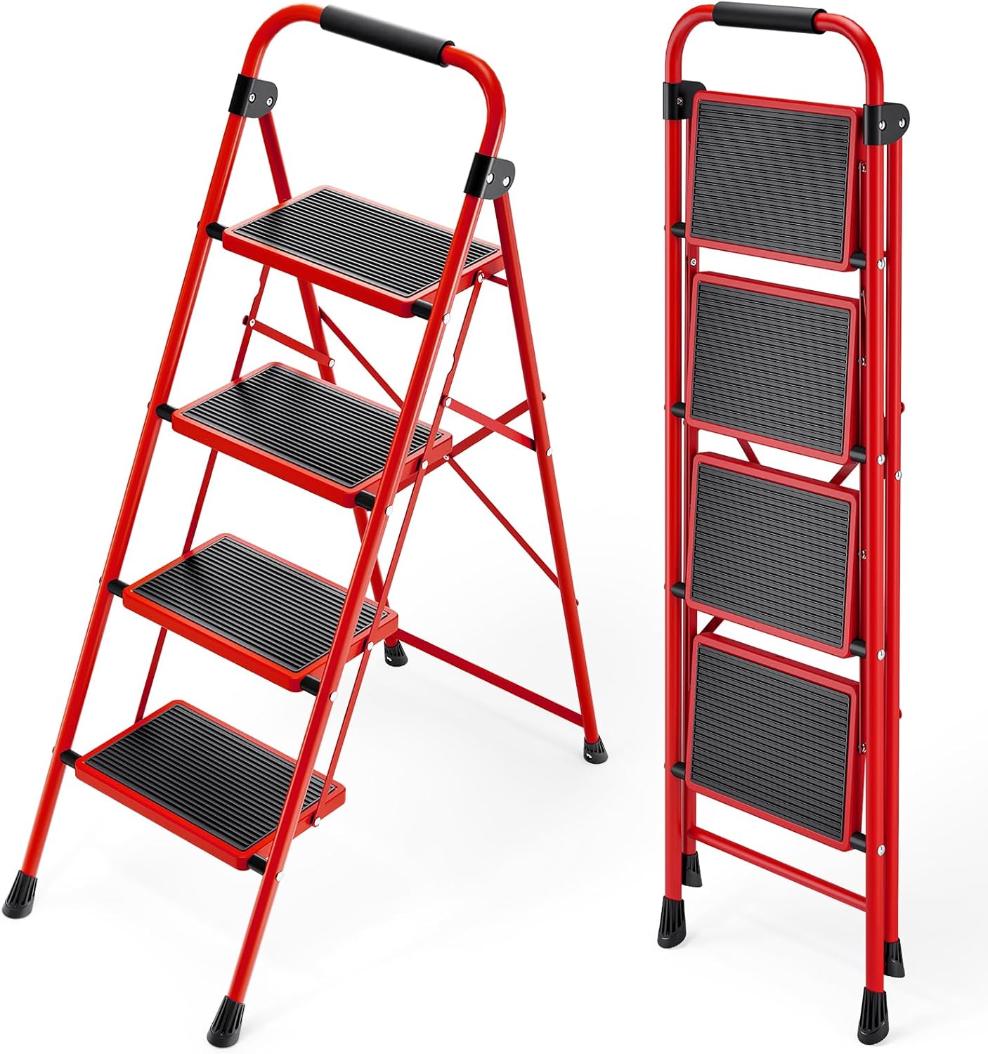 KINGRACK Folding 3-Step Ladder with Non-Slip Pedals, Sturdy Steel, Lightweight & Portable, Red