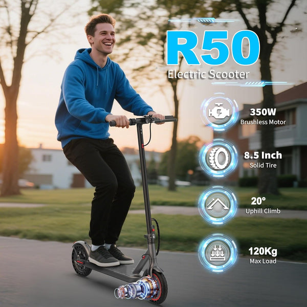 Electric Scooter, Electric Scooter Adult 350W with 25-35KM Range, Max Speed 25KM/H, 8.5" Solid Tire, Double Braking System for Adults and Teens