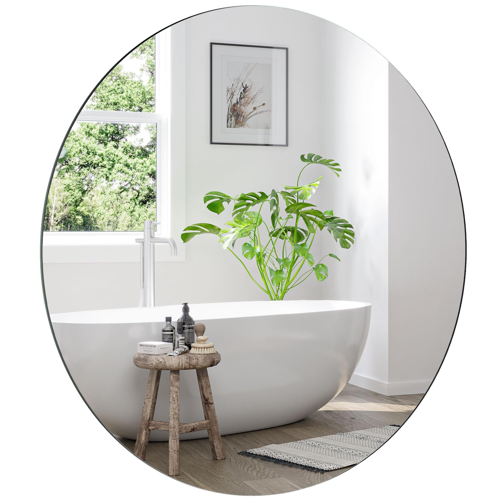 Dripex 60 x 60cm Frameless Round Mirror, Wall Mounted Bathroom Mirror with Polished Edge & Pre-installed Hole, Home Deco Hanging for Hallway Bedroom
