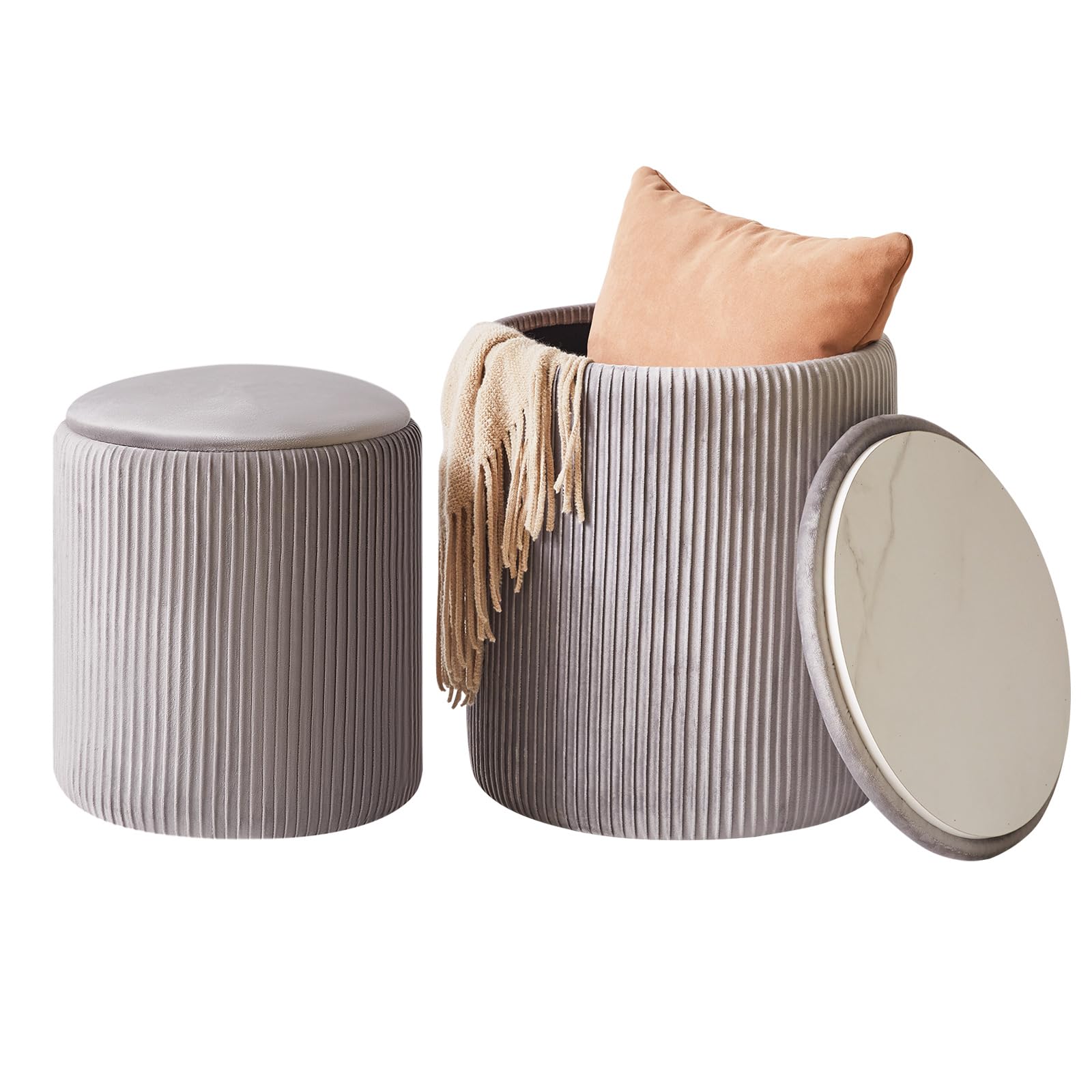 IBUYKE Set of 2 Round Ottoman with Storage, Velvet Vanity Stool for Makeup, Modern Padded Seat Coffee Table, Multipurpose Footrest Stool for Living