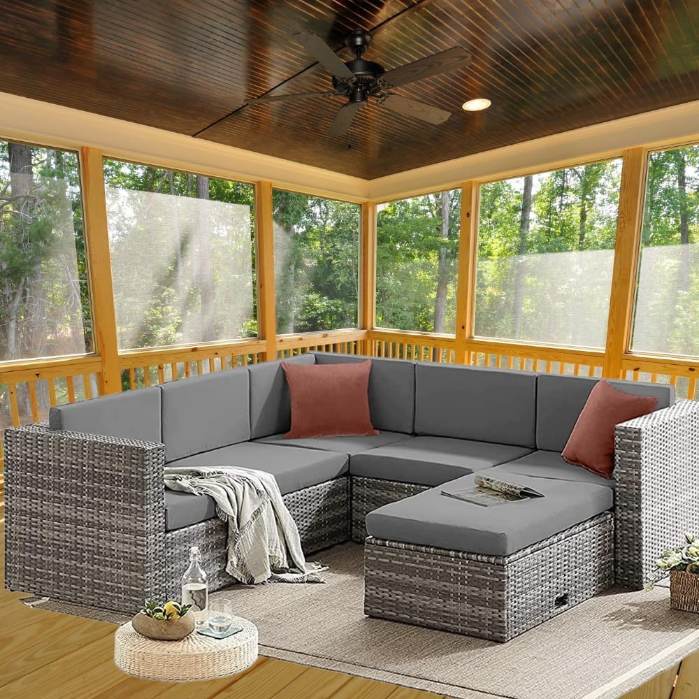 EVRE Monaco Rattan Garden Furniture Set 6 Piece Seat 5 Sofa 1 Ottoman Footstool Outdoor Wicker Weave Lounge Sofa and Glass Top Table with Cushions (Grey)