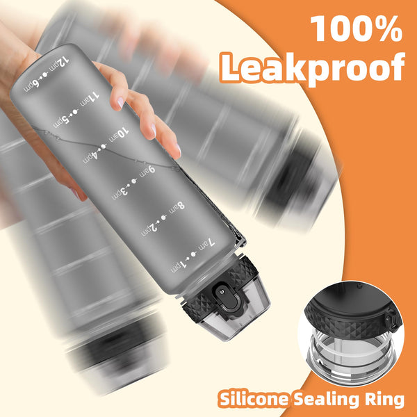 OLDLEY 1L/32oz Sports Water Bottle, 1000ml Motivational Drinks Bottle with Time Markings Leak Proof Drink & Lock Cover & No Straw, BPA Free for Adults Women Men Gym School Cycling Running Hiking